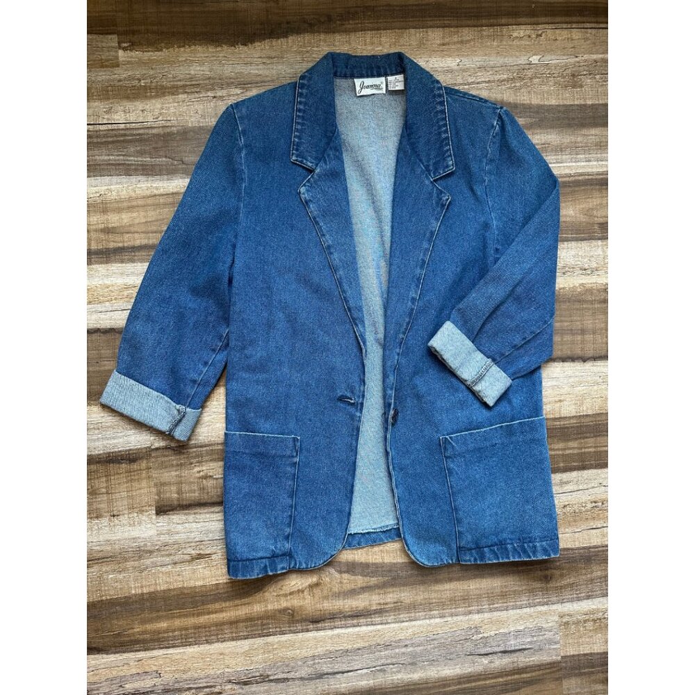 Vintage cropped sleeve denim jacket with shoulder pads, size small